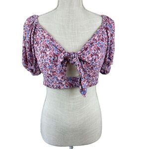 Wild Fable Smocked Crop‎ Top Womens M Pink Floral Puff Sleeves Tie Front Peasant